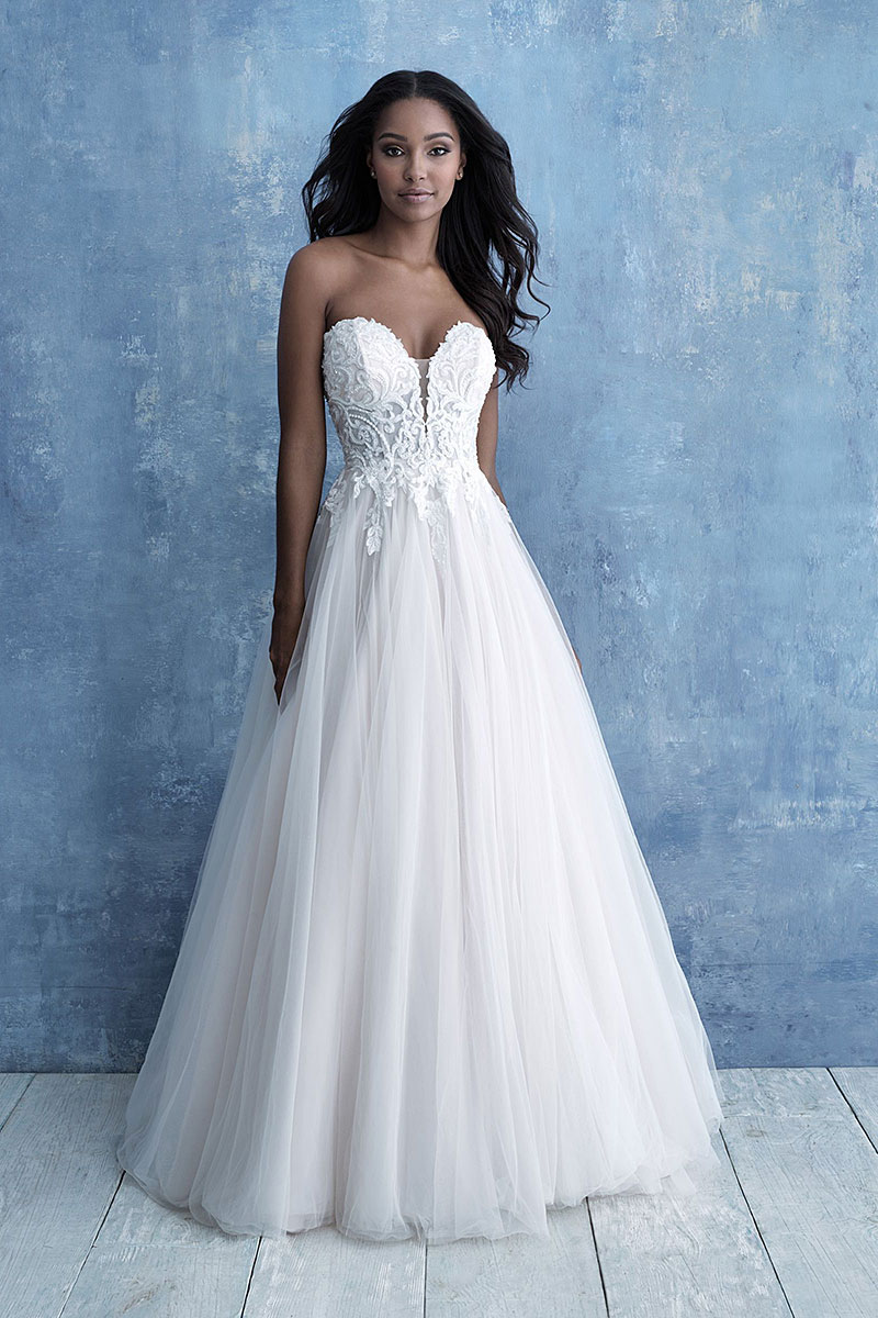 9715 Allure Bridals Strapless Tulle Gown with Beaded Appliques.