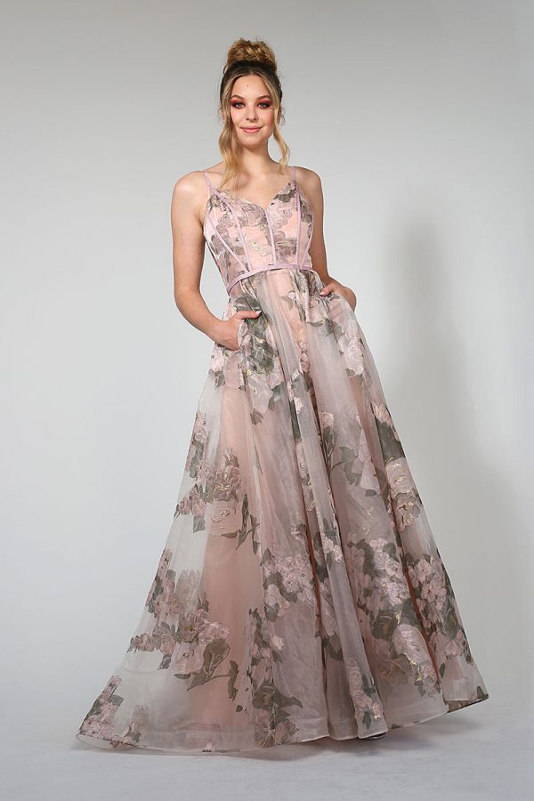 Floral Fabri and a full A-line Skirt. Bridesmiad Dress