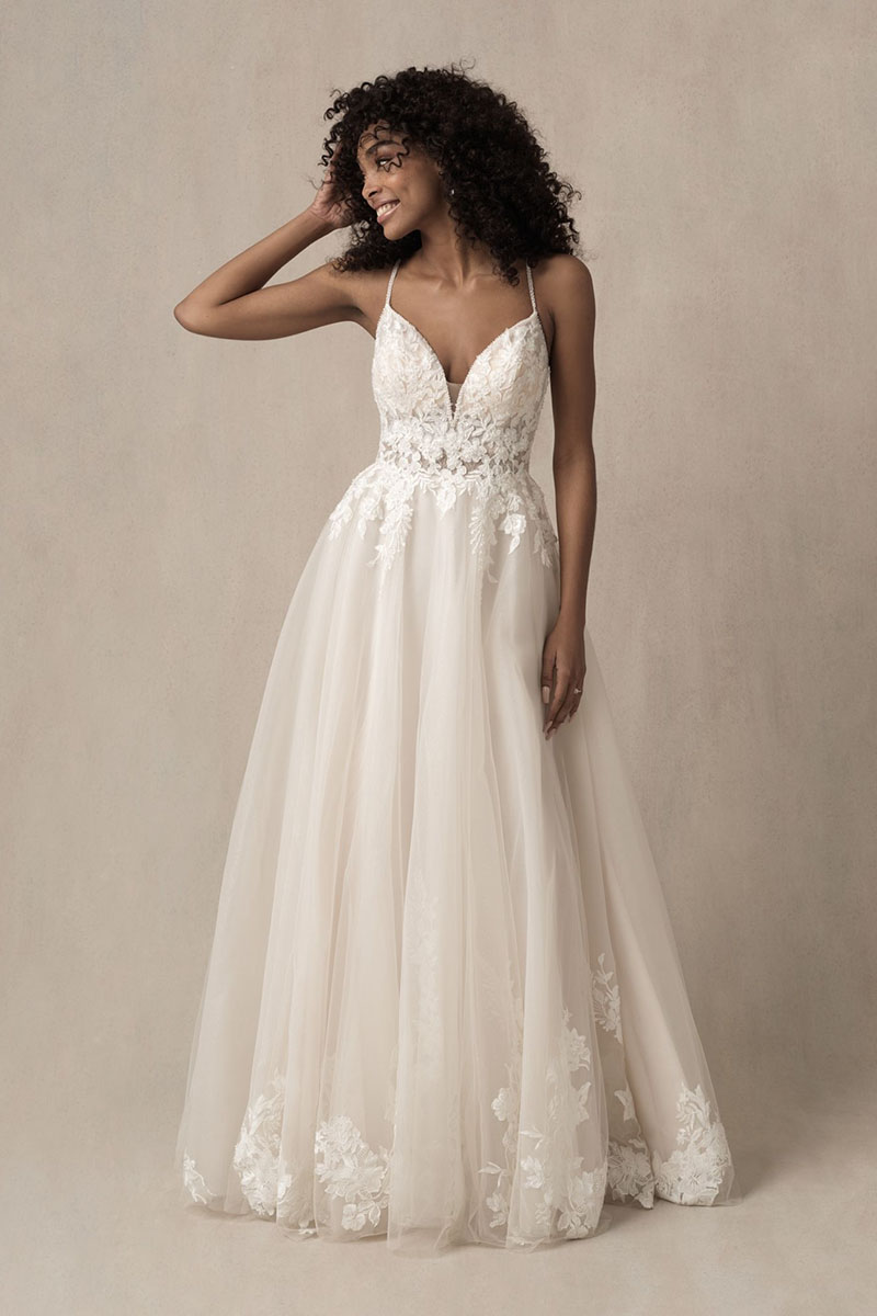 Beaded Sheer Sleeve & Bodice Lace Wedding Ball Gown - VQ