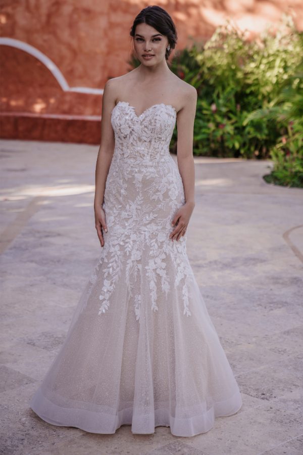Bridal gown a decadent sequin and beaded lace bodice creates the perfect fit and flare sheath silhouette