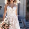 strapless A-line gown with soft sparkle of sequined lace appliqués