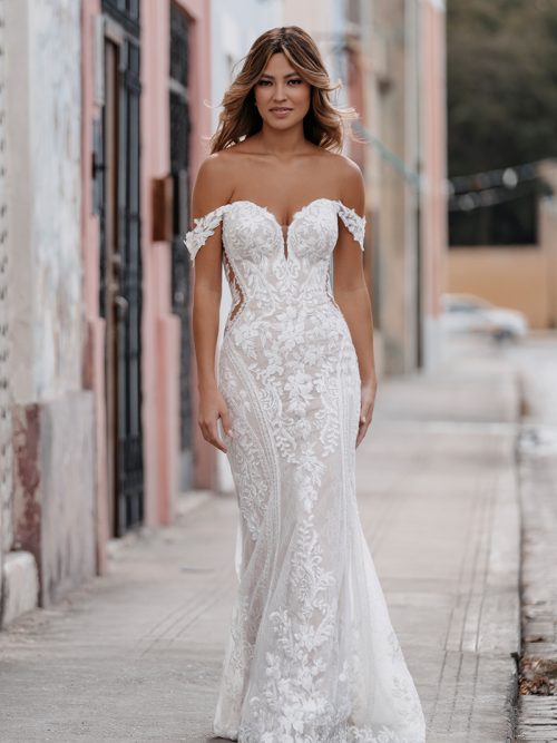 9962 Allure Bridals lush floral lace imaginable adorns the striking lines of this off-shoulder sheath gown