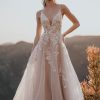 A1167 Allure Bridals curve-hugging sequined lace appliques, trail along the bodice of this A-line gown