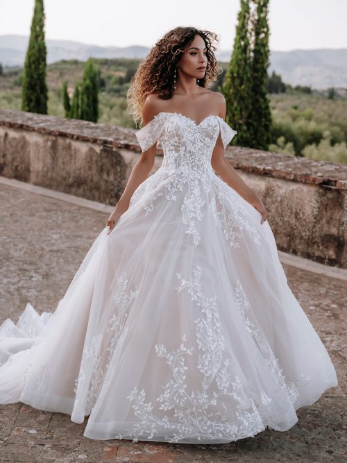 E313 Abella Nasrin gown features off-shoulder sleeves and trailing lacy vines across the bodice and hem