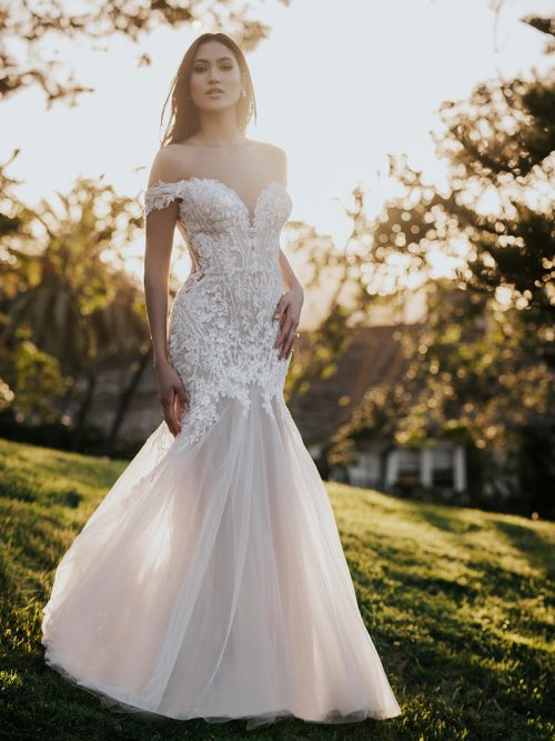 R3656 Allure Romance off-shoulder fit and flare gown