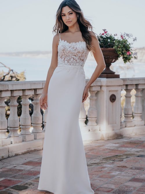 R3661 Allure Romance Slightly scooped along the neckline, the bodice of this appliqued sheath features delicate spaghetti straps and sparkling appliques