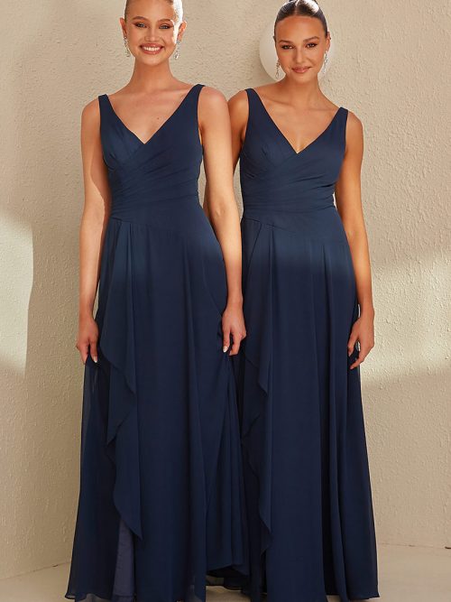 TO2493 Tania Olsen Bridesmaid Dress a V-cut neckline with 1-inch wide shoulders and a cross-over bust draping