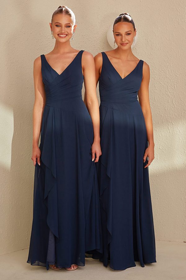 TO2493 Tania Olsen Bridesmaid Dress a V-cut neckline with 1-inch wide shoulders and a cross-over bust draping