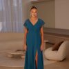 TO2498 Tania Olsen Hudson Bridesmaid Dress a V-neckline with cross-over pleated detailing heer georgette flutter sleeves
