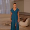 TO2498 Tania Olsen Hudson Bridesmaid Dress a V-neckline with cross-over pleated detailing heer georgette flutter sleeves