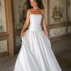 strapless A-line gown is crafted from textured Dupioni,