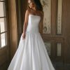 strapless A-line gown is crafted from textured Dupioni,