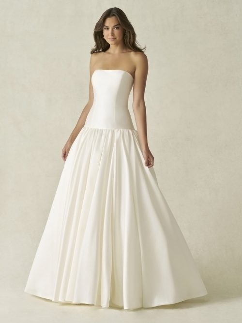 strapless A-line gown is crafted from textured Dupioni,