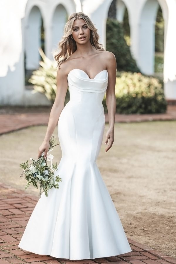 fit and flare gown features a sculptural cowl effect