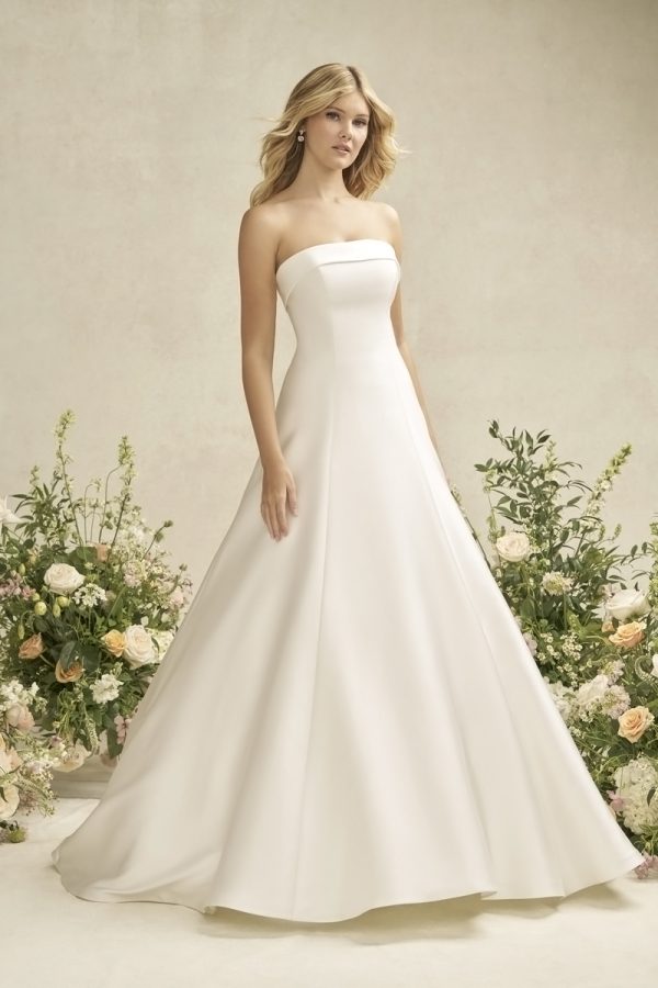 A-line gown is crafted from luminous Mikad